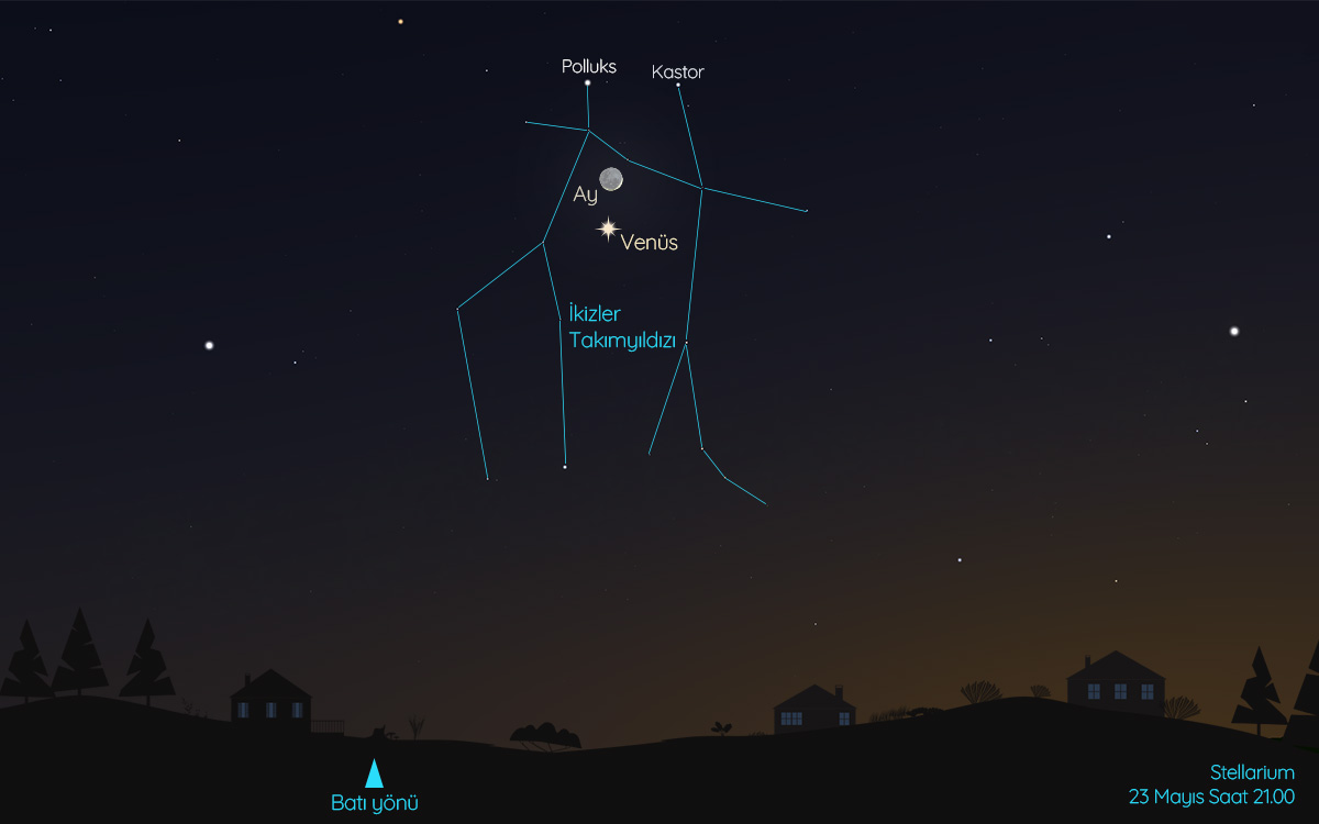 23 Mayıs akşamı Güneş’in batışından sonra Venüs’ü ilk dördün evresine yaklaşan Ay ile birlikte İkizler Takımyıldızı’nda bulabilirsiniz.