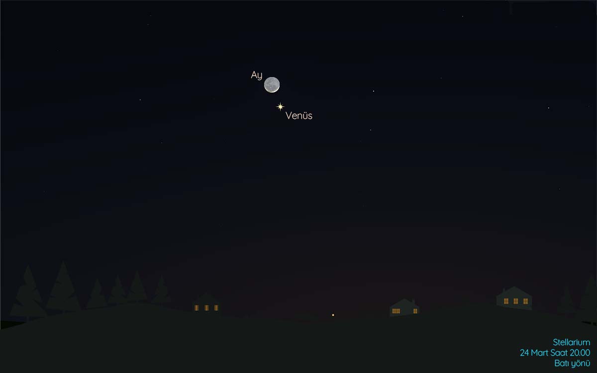 24 Mart’ta Venüs’ü ve ilk dördün evresine yaklaşan Ay’ı Güneş’in batışından sonra batı yönünde ufkun üzerinde bir arada görebilirsiniz.