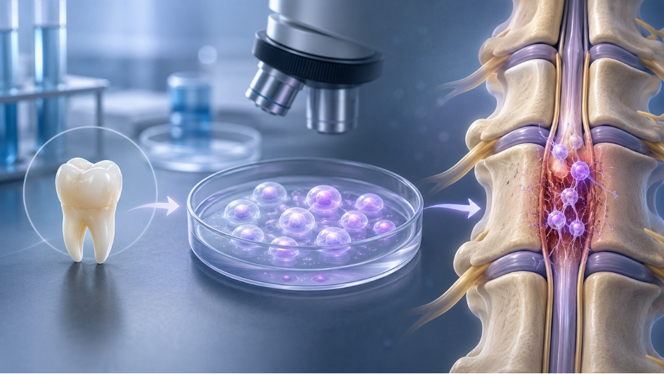 Süt dişi kaynaklı kök hücrelerin laboratuvar ortamında sinir sistemi hasarı modelleriyle ilişkili araştırmalarda incelenmesini temsil eden illüstrasyon