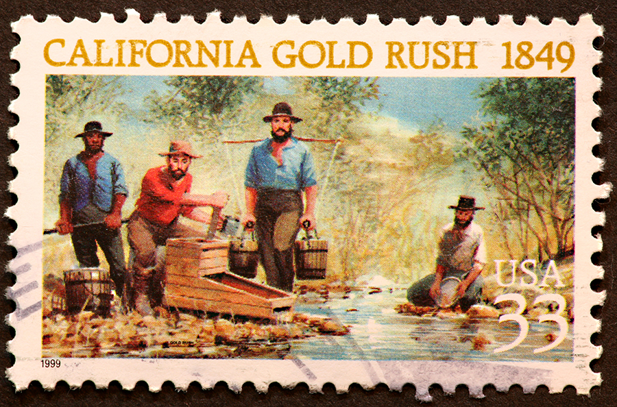 Kaliforniya’daki Altına Hücum dönemini yansıtan bir pul