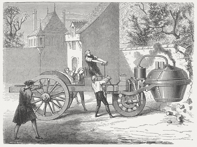 1769 yılında Nicolas Joseph Cugnot tarafından icat edilen, buhar gücüyle çalışan araba