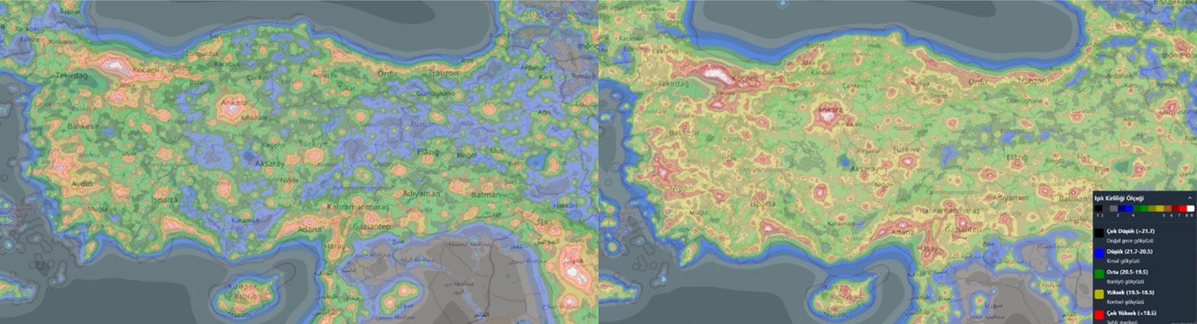 Türkiye’de 2016 (sol) ve 2024 (sağ) yıllarına ait ışık kirliliği haritaları